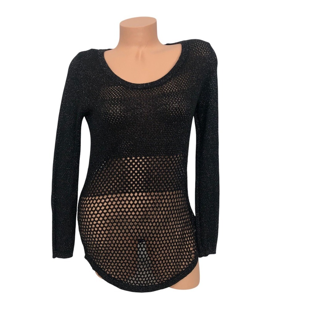 Rock & Republic Crochet Open Knit Sweater Long Tunic Top Metallic Black Size M